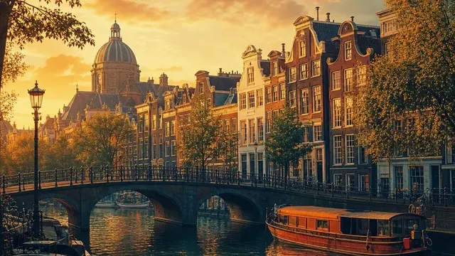 AI-generated warm, cinematic illustrative artwork of Amsterdam at golden hour; not documentary photography.