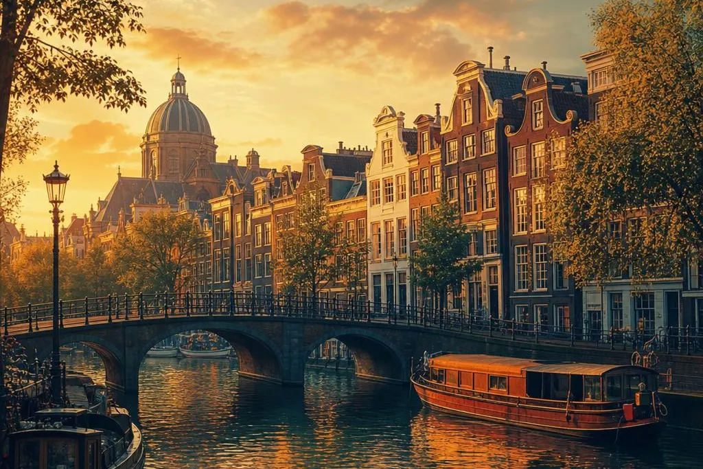 AI-generated warm, cinematic illustrative artwork of Amsterdam at golden hour; not documentary photography.