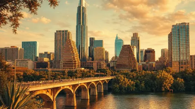 AI-generated warm, cinematic illustrative artwork of Austin at golden hour; not documentary photography.
