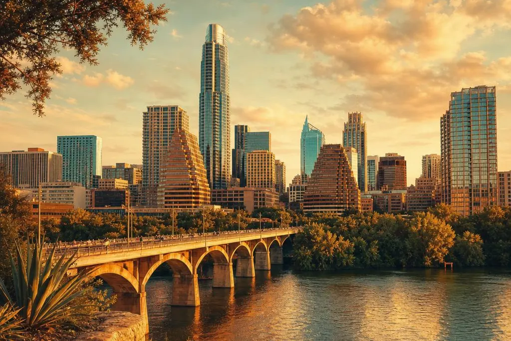 AI-generated warm, cinematic illustrative artwork of Austin at golden hour; not documentary photography.