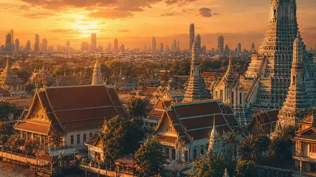 AI-generated warm, cinematic illustrative artwork of Bangkok at golden hour; not documentary photography.