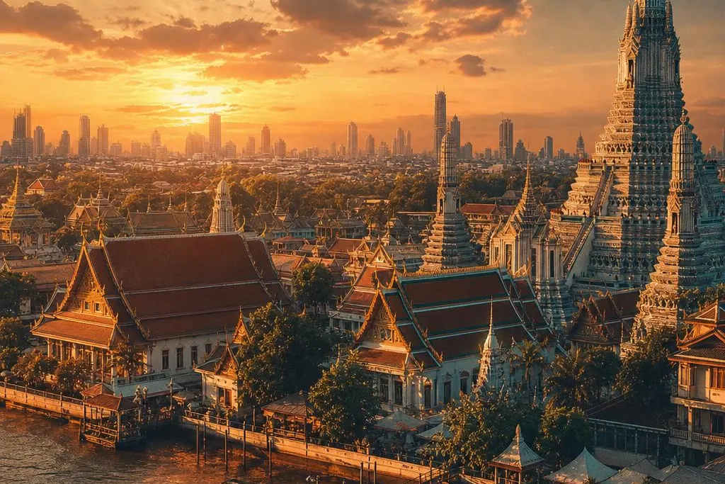 AI-generated warm, cinematic illustrative artwork of Bangkok at golden hour; not documentary photography.