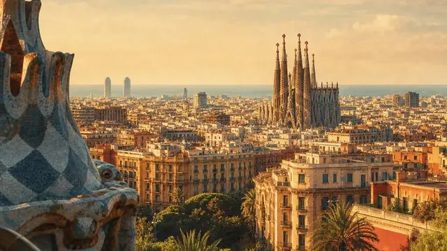 AI-generated warm, cinematic illustrative artwork of Barcelona at golden hour; not documentary photography.