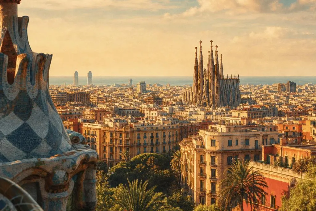 AI-generated warm, cinematic illustrative artwork of Barcelona at golden hour; not documentary photography.