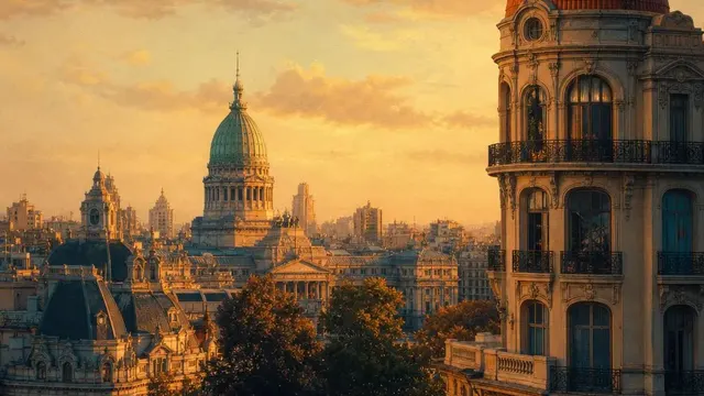 AI-generated warm, cinematic illustrative artwork of Buenos Aires at golden hour; not documentary photography.