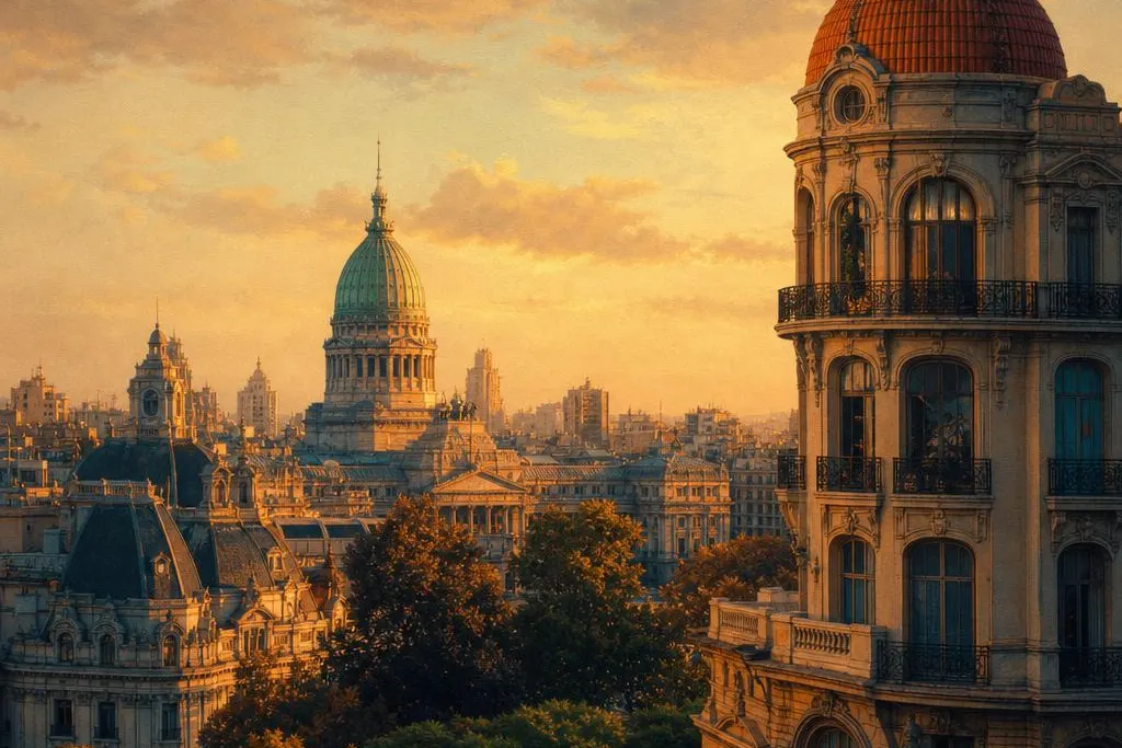 AI-generated warm, cinematic illustrative artwork of Buenos Aires at golden hour; not documentary photography.