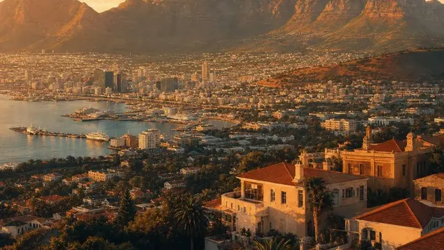 AI-generated warm, cinematic illustrative artwork of Cape Town at golden hour; not documentary photography.