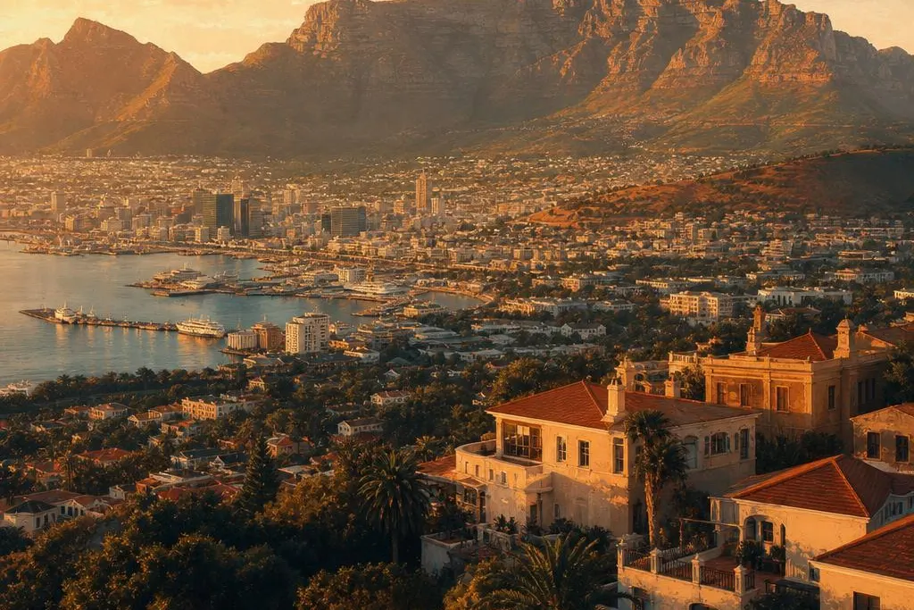 AI-generated warm, cinematic illustrative artwork of Cape Town at golden hour; not documentary photography.