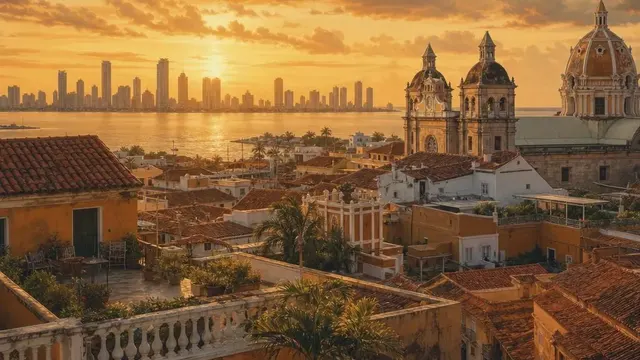 AI-generated warm, cinematic illustrative artwork of Cartagena at golden hour; not documentary photography.