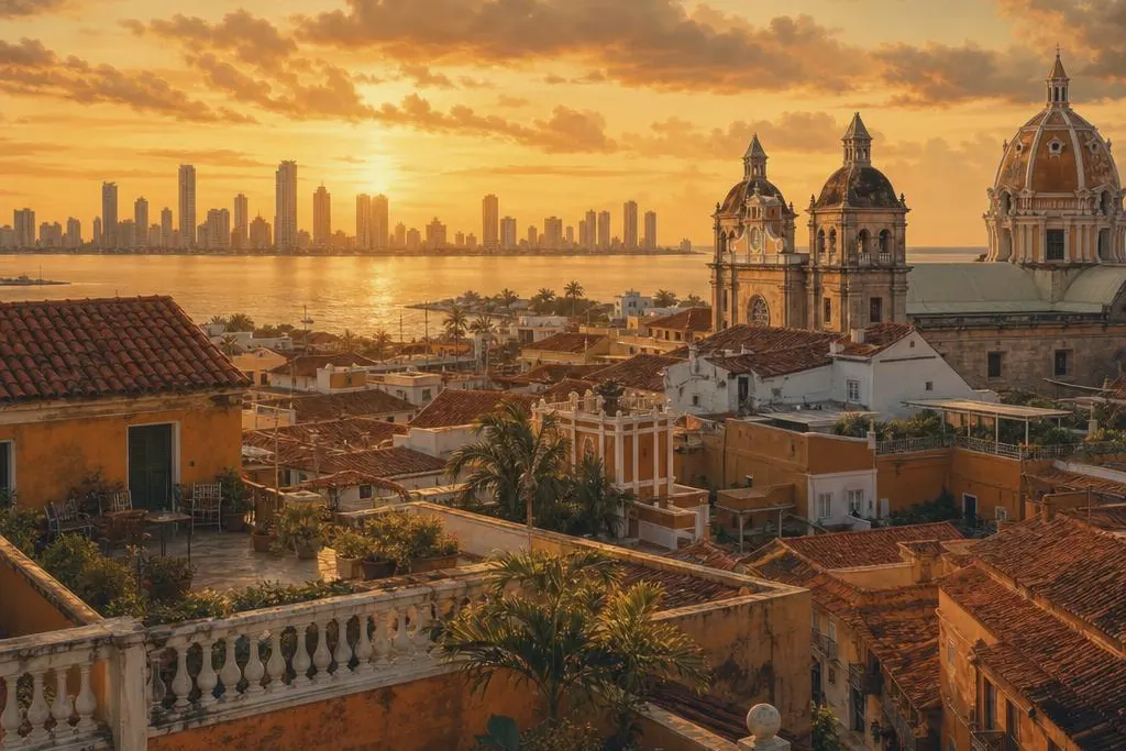 AI-generated warm, cinematic illustrative artwork of Cartagena at golden hour; not documentary photography.