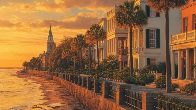 AI-generated warm, cinematic illustrative artwork of Charleston at golden hour; not documentary photography.