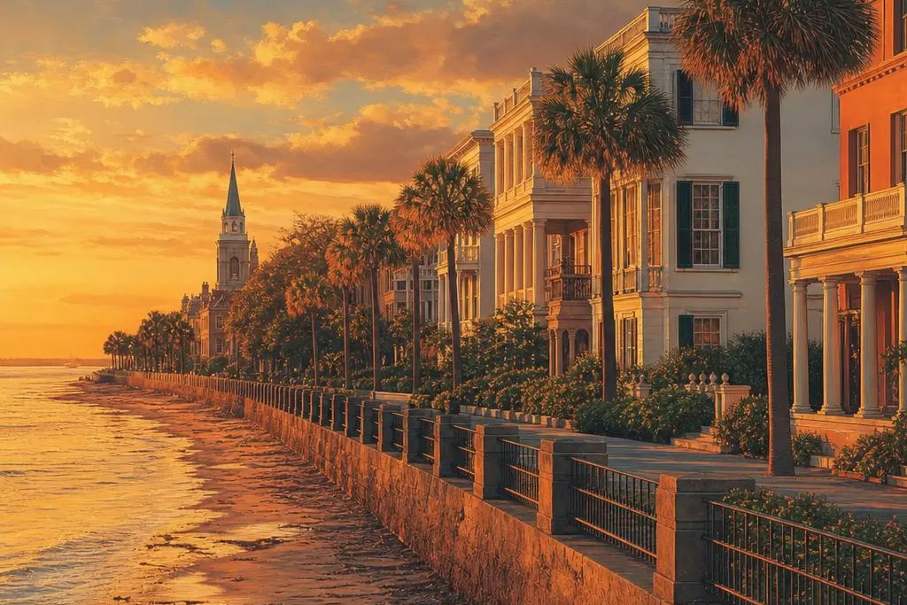 AI-generated warm, cinematic illustrative artwork of Charleston at golden hour; not documentary photography.