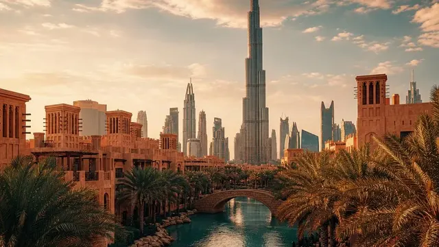 AI-generated warm, cinematic illustrative artwork of Dubai at golden hour; not documentary photography.