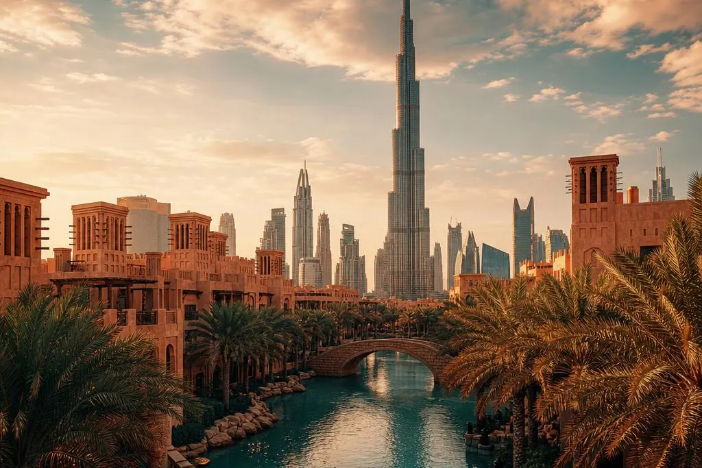 AI-generated warm, cinematic illustrative artwork of Dubai at golden hour; not documentary photography.
