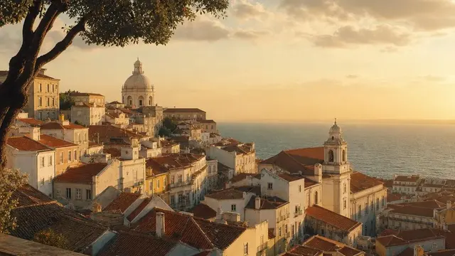 AI-generated warm, cinematic illustrative artwork of Lisbon at golden hour; not documentary photography.