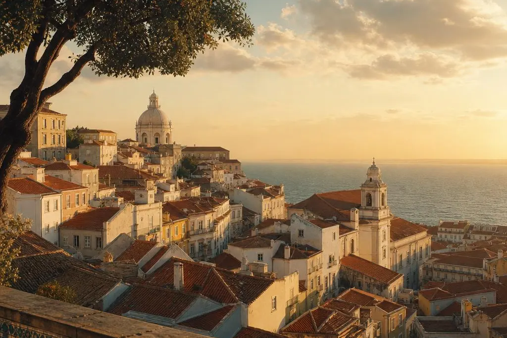 AI-generated warm, cinematic illustrative artwork of Lisbon at golden hour; not documentary photography.