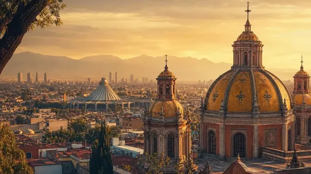 AI-generated warm, cinematic illustrative artwork of Mexico City at golden hour; not documentary photography.