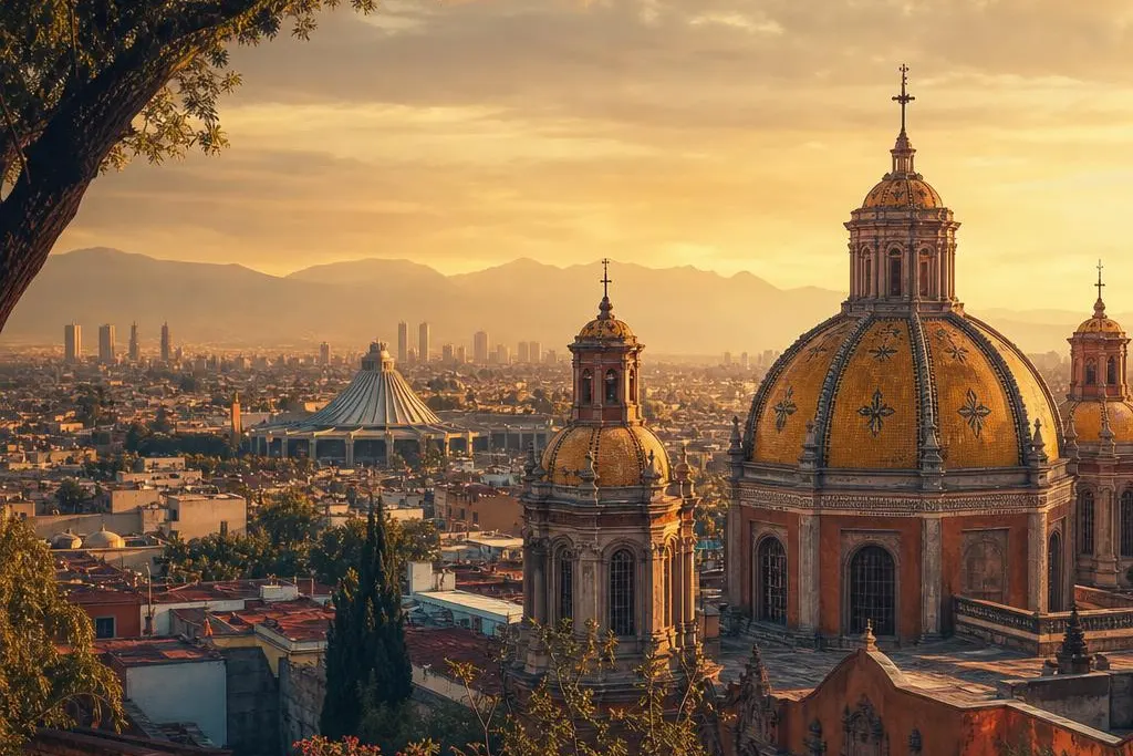 AI-generated warm, cinematic illustrative artwork of Mexico City at golden hour; not documentary photography.