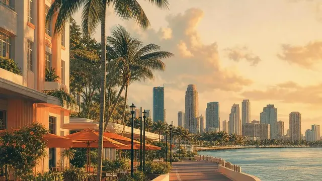 AI-generated warm, cinematic illustrative artwork of Miami at golden hour; not documentary photography.