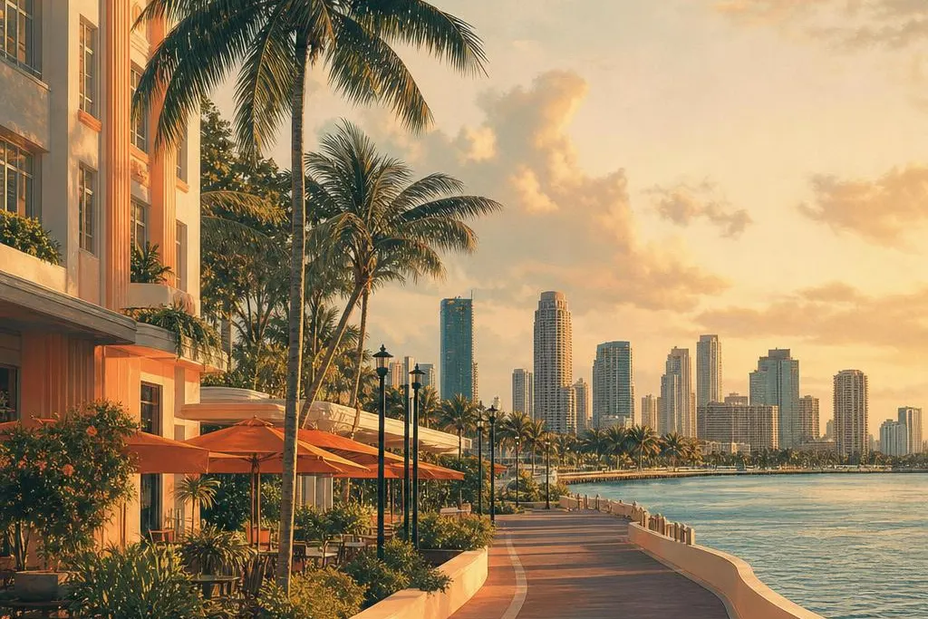 AI-generated warm, cinematic illustrative artwork of Miami at golden hour; not documentary photography.