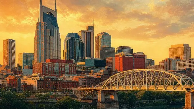 AI-generated warm, cinematic illustrative artwork of Nashville at golden hour; not documentary photography.