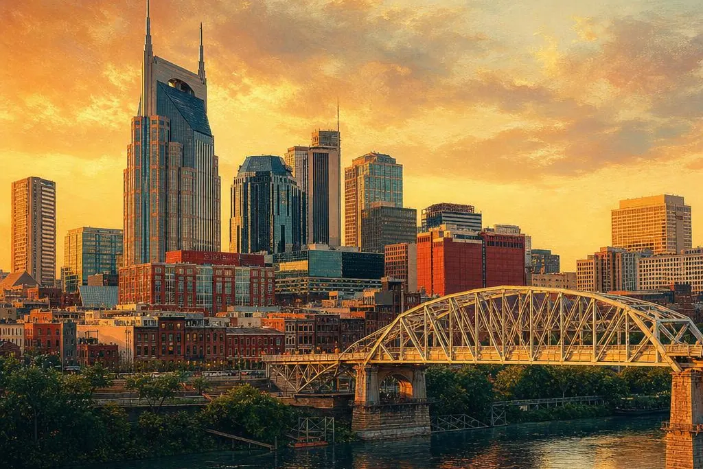 AI-generated warm, cinematic illustrative artwork of Nashville at golden hour; not documentary photography.