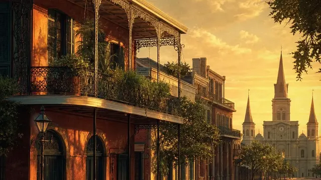 AI-generated warm, cinematic illustrative artwork of New Orleans at golden hour; not documentary photography.