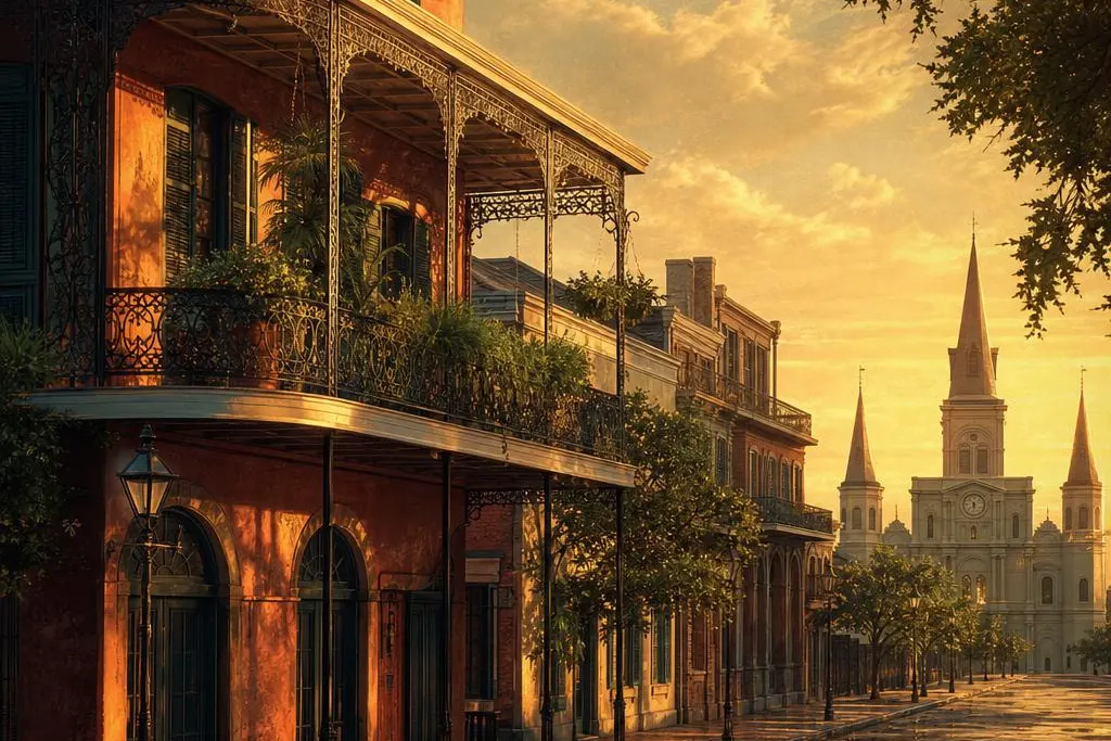AI-generated warm, cinematic illustrative artwork of New Orleans at golden hour; not documentary photography.