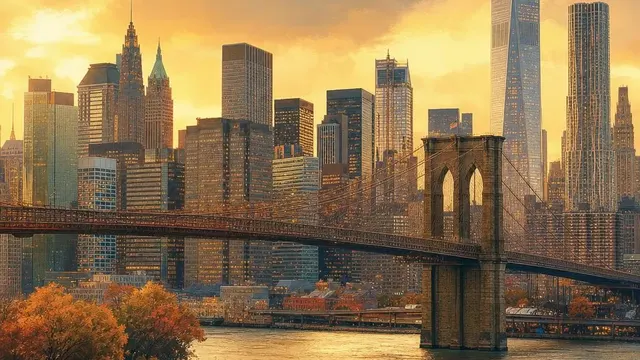 AI-generated warm, cinematic illustrative artwork of New York at golden hour; not documentary photography.