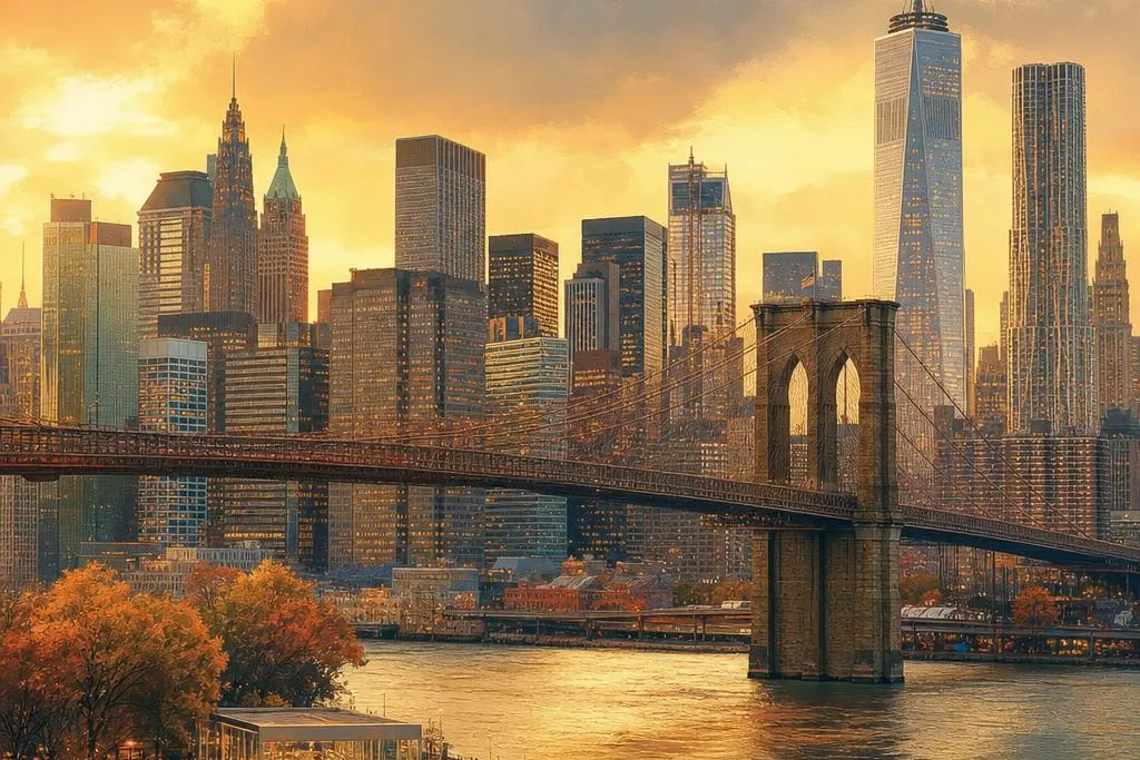 AI-generated warm, cinematic illustrative artwork of New York at golden hour; not documentary photography.