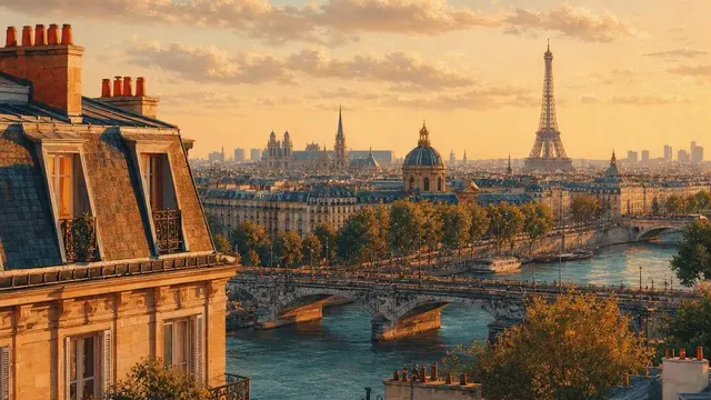 AI-generated warm, cinematic illustrative artwork of Paris at golden hour; not documentary photography.