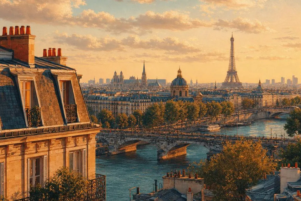 AI-generated warm, cinematic illustrative artwork of Paris at golden hour; not documentary photography.