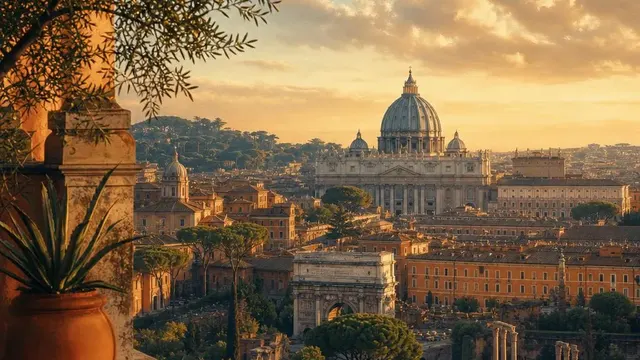 AI-generated warm, cinematic illustrative artwork of Rome at golden hour; not documentary photography.