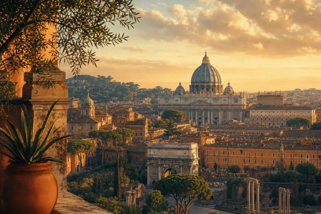 AI-generated warm, cinematic illustrative artwork of Rome at golden hour; not documentary photography.