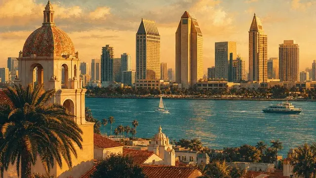 AI-generated warm, cinematic illustrative artwork of San Diego at golden hour; not documentary photography.