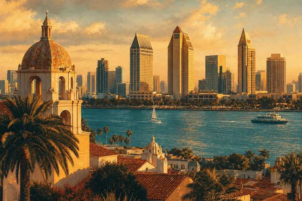 AI-generated warm, cinematic illustrative artwork of San Diego at golden hour; not documentary photography.