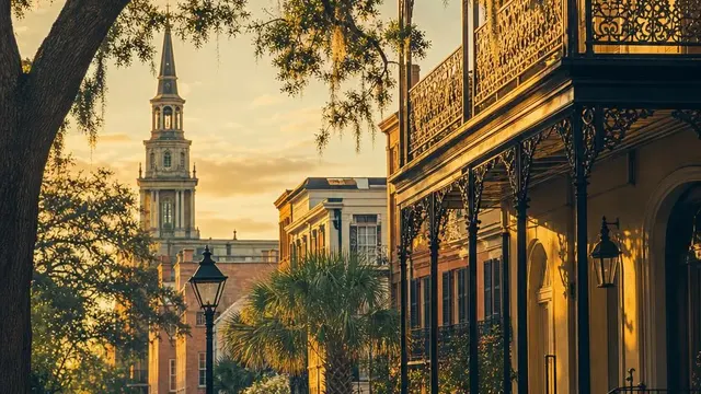 AI-generated warm, cinematic illustrative artwork of Savannah at golden hour; not documentary photography.