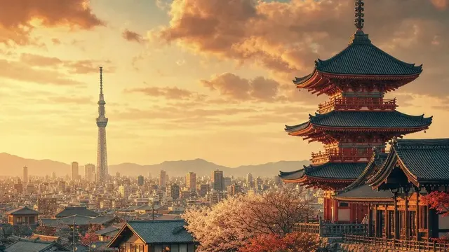AI-generated warm, cinematic illustrative artwork of Tokyo at golden hour; not documentary photography.