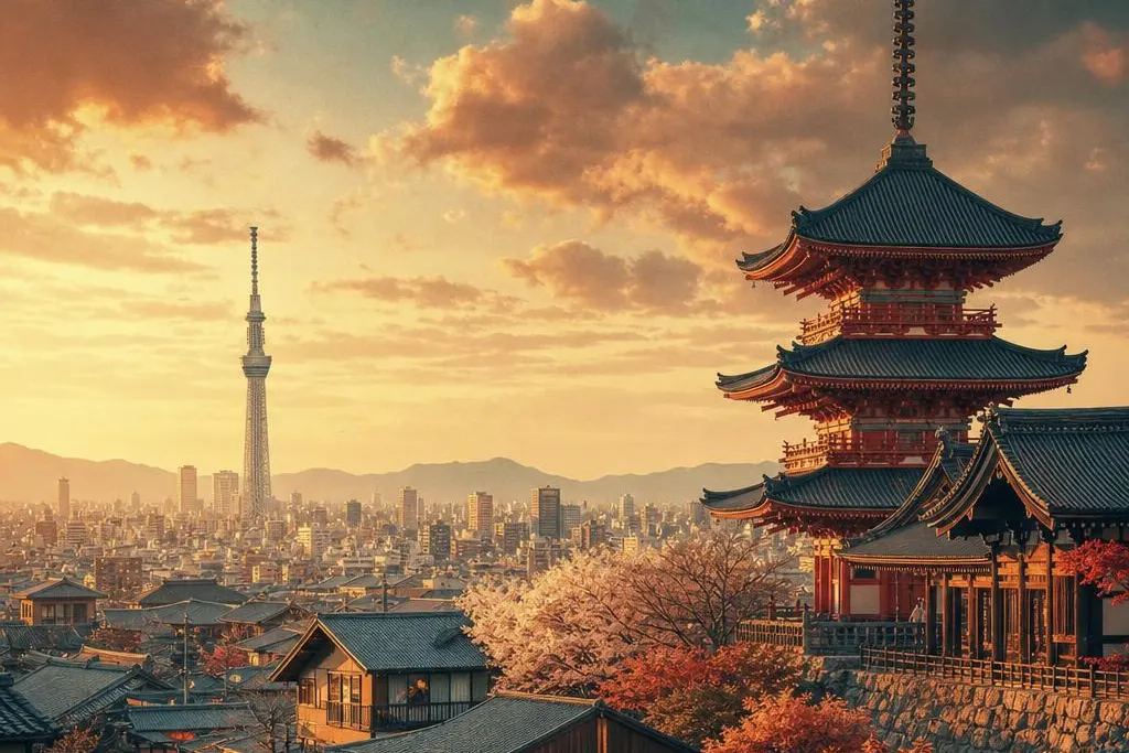 AI-generated warm, cinematic illustrative artwork of Tokyo at golden hour; not documentary photography.