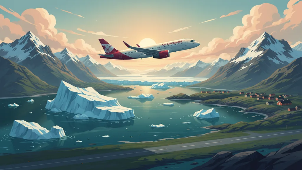 Original AI-generated travel illustration for: Air Greenland Acquiring Airbus A320neo To Fly Between Ilulissat & Copenhagen