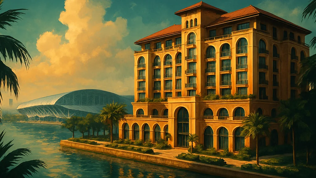 Original AI-generated travel illustration for: 7 Best Hotels for Canton Fair Buyers, by Distance to the Pazhou Complex