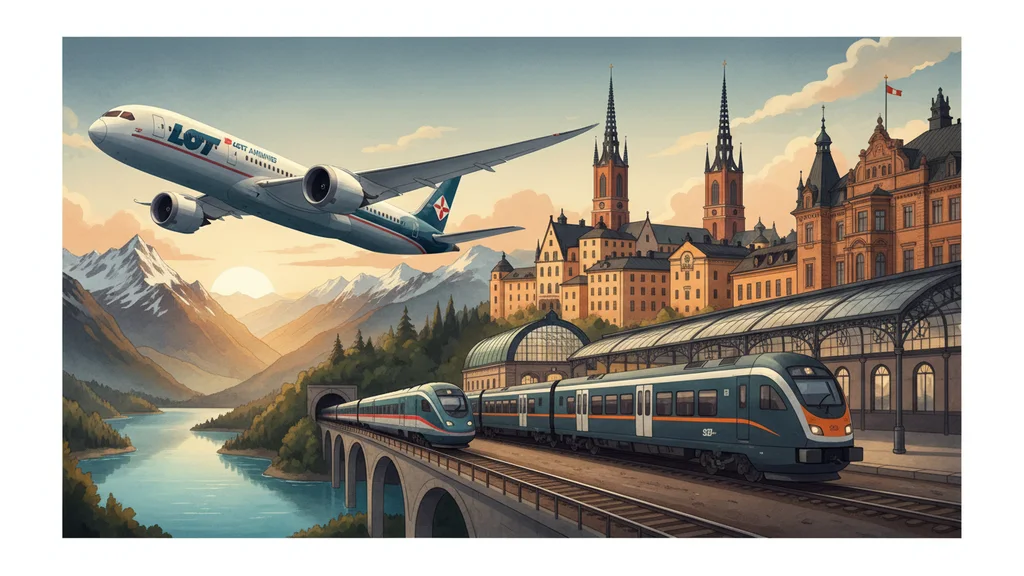 Original AI-generated travel illustration for: LOT Polish Airlines launches rail codeshares with SBB and SJ
