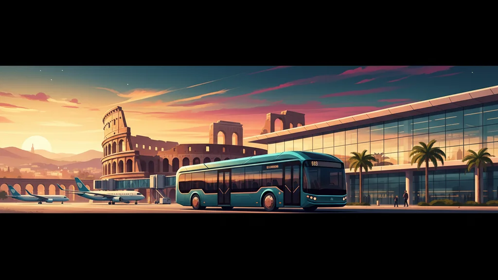 Original AI-generated travel illustration for: Electric bus fleet expanded by dnata at Rome Fiumicino