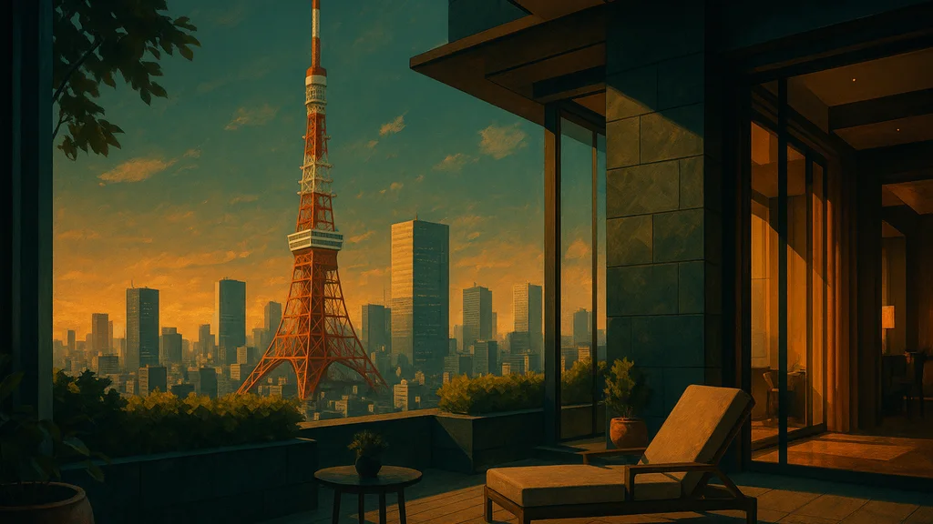 Original AI-generated travel illustration for: Bulgari Hotel Tokyo Review: Italian Style Meets Japanese Hospitality