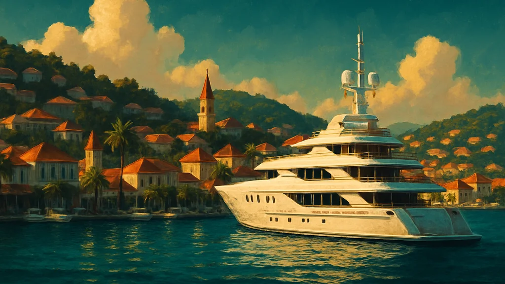 Original AI-generated travel illustration for: St Barts by Yacht for the Winter Season