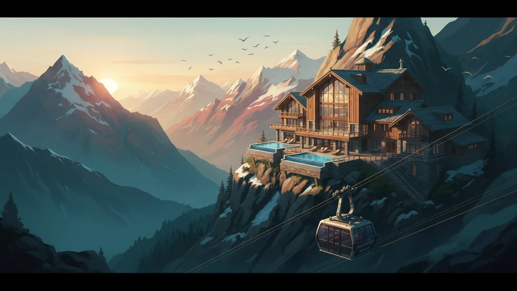 Original AI-generated travel illustration for: Gravity Haus Wants to Make Mountain Life a Membership