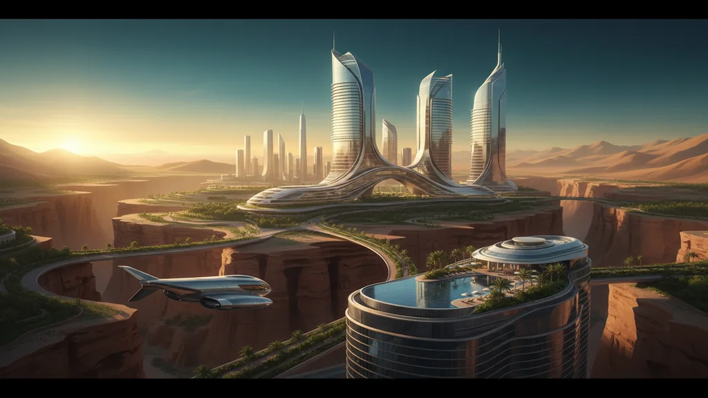 Original AI-generated travel illustration for: Saudi Giga Project Spending Shrinks. Hotel Developers Keep Building