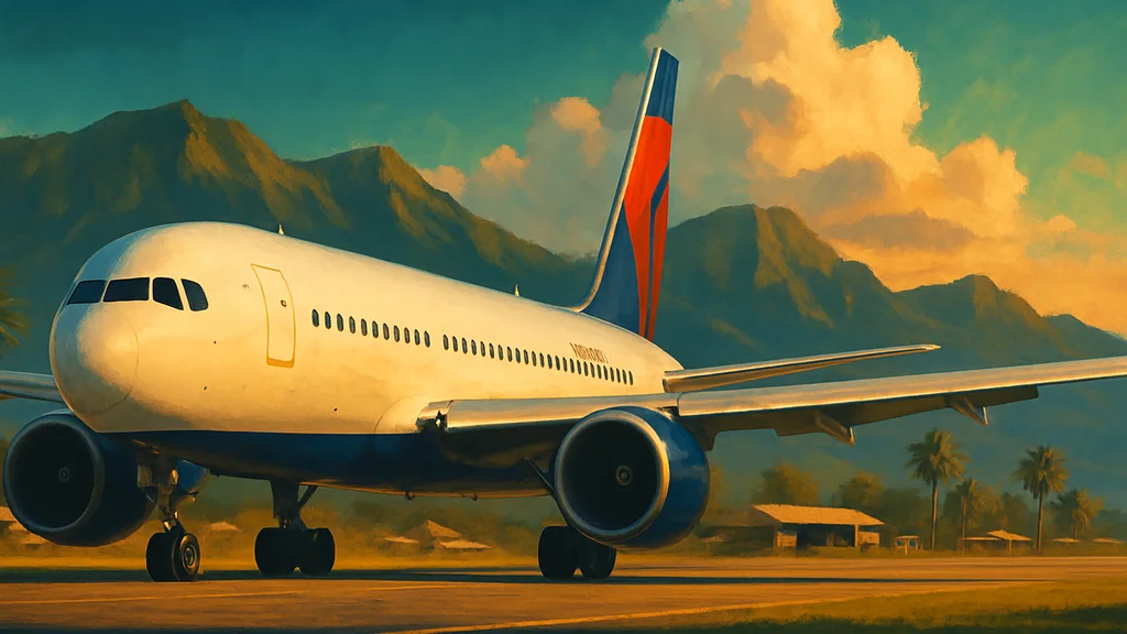Original AI-generated travel illustration for: Brutal: Delta Struggling Across The Pacific, Making Even American Look Good