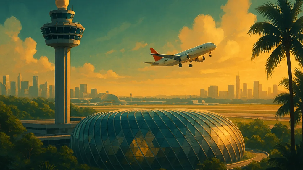 Original AI-generated travel illustration for: Passenger and cargo demand remain resilient at Singapore Changi