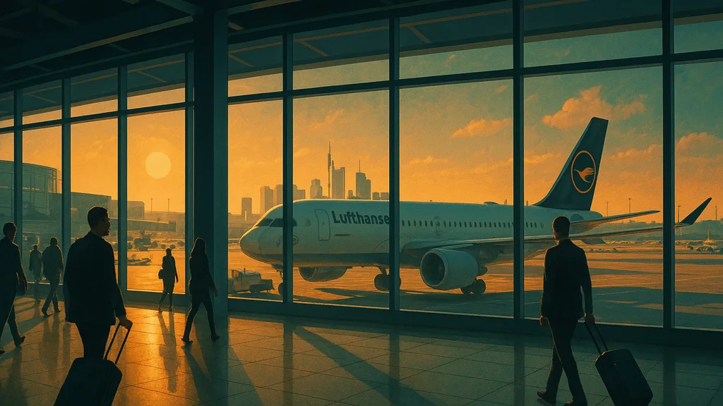 Original AI-generated travel illustration for: Expanding route network to ensure busy winter at Frankfurt Airport